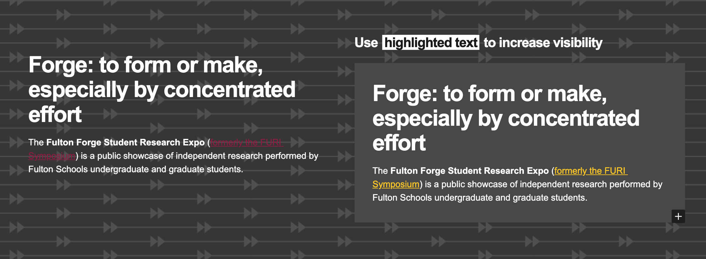 A before and after screenshot illustrating the effects of proper background color and margins for accessible text over a background image.