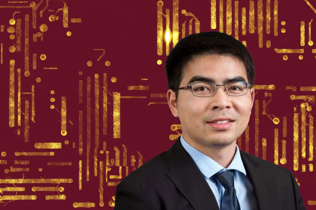 Portrait of Houqiang Fu on a maroon and gold artistic background.