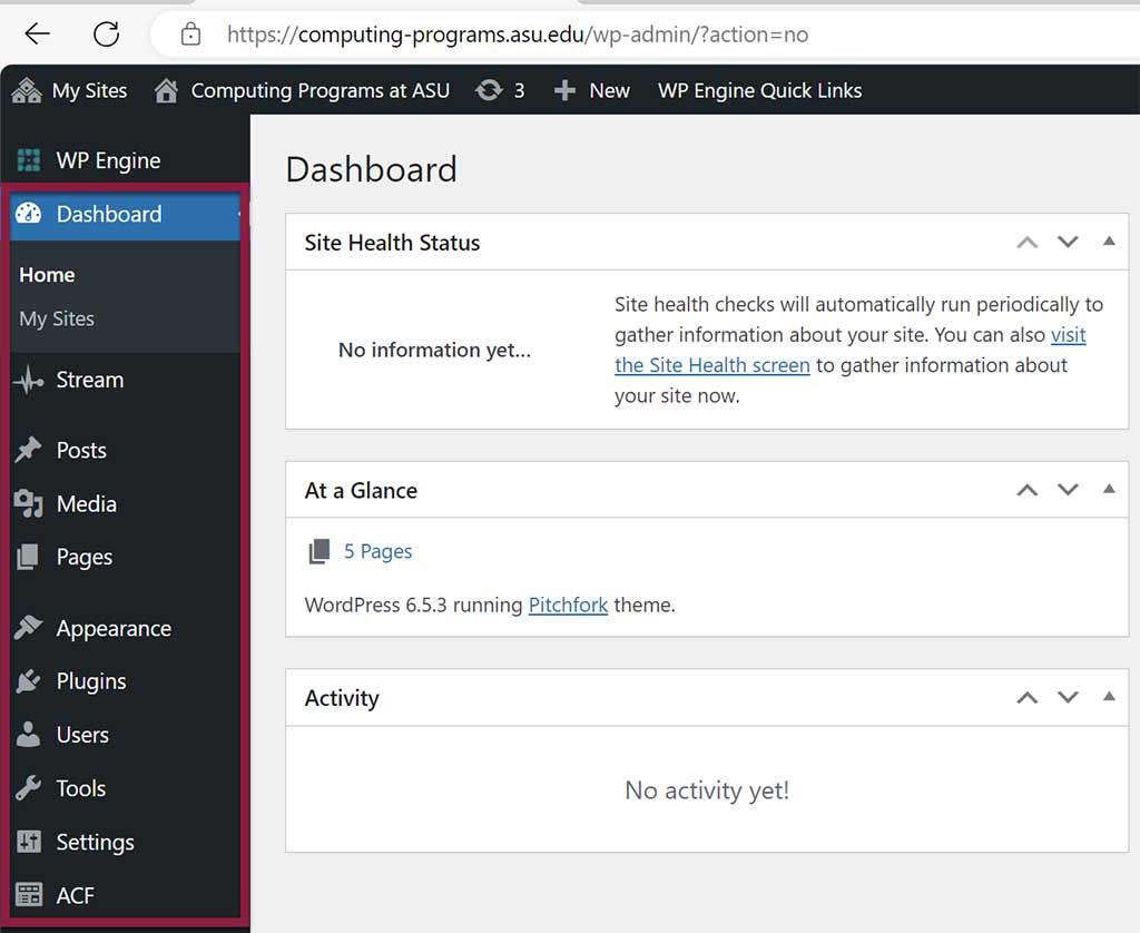 A screenshot of the WordPress dashboard highlighting the various sections of navigation menu on the left side of the screen.