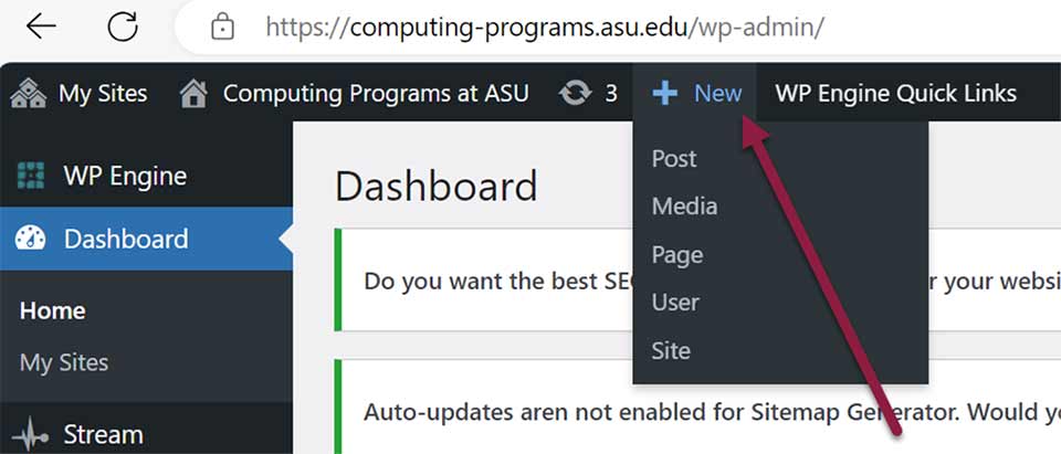 A screenshot of WordPress dashboard showing various functions under the the New tab in the toolbar at the top of the screen.