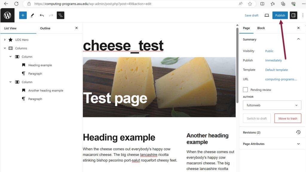 Screenshot of WordPress page with an arrow pointing to publish button located in the upper right corner of the page.