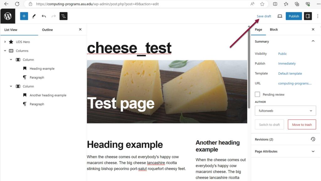 Screenshot of WordPress page with an arrow pointing to Save draft option located on the upper right corner of the page.