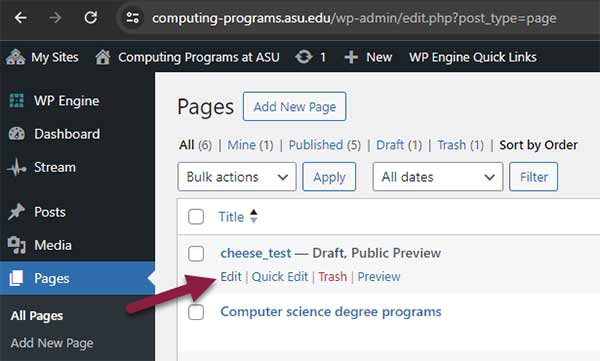 Screenshot of WordPress dashboard showing an opened Pages tab and an arrow pointing to the Edit option.