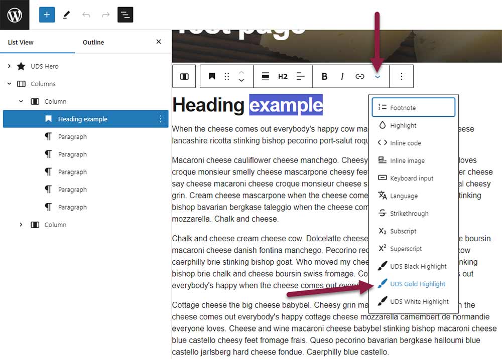 Screenshot of a WordPress page showing the options in the carrot drop down of the block toolbar and pointing to UDA Gold Highlight.