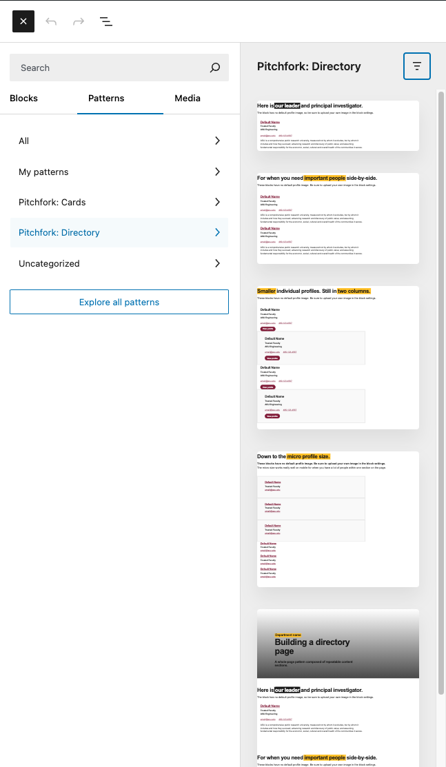Screenshot of the Pitchfork directory pattern interface in the Pitchfork WordPress theme.
