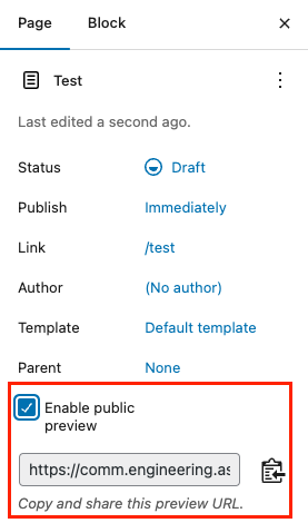 Screenshot of the public preview option in the WordPress Page settings.
