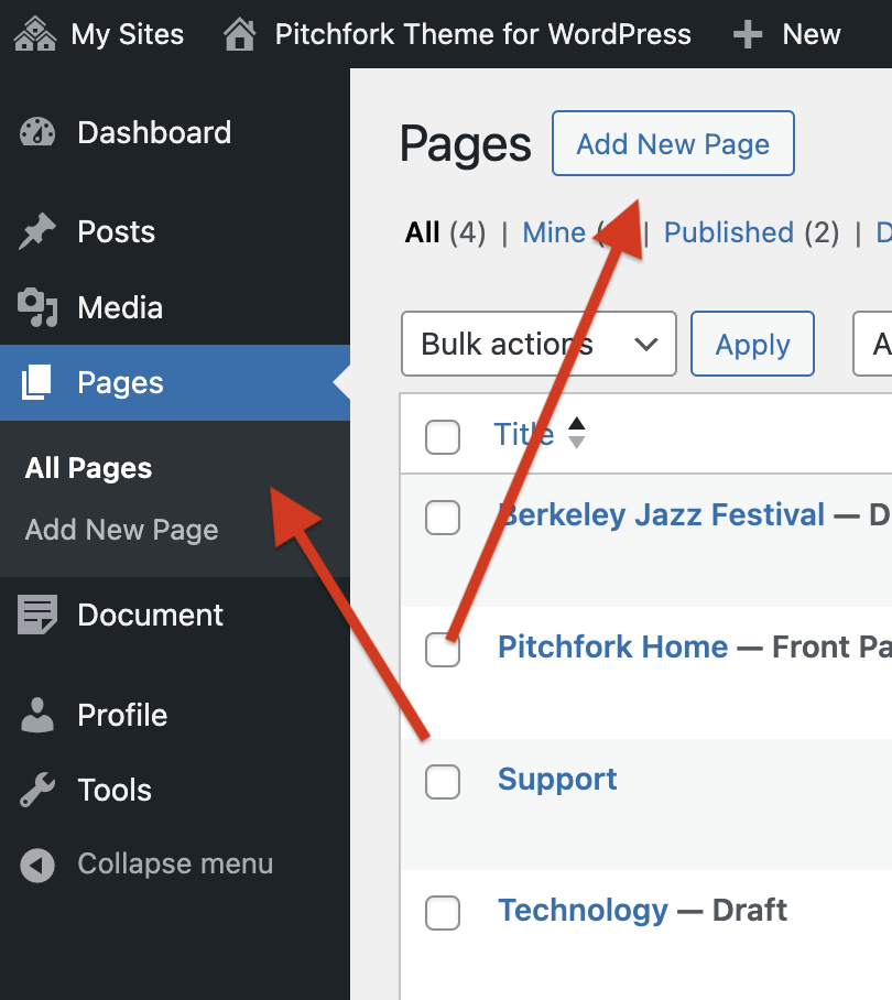 WordPress Dashboard screenshot showing the Pages section with arrows pointing to Add New Page options.