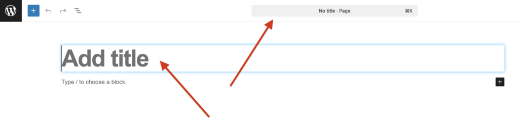WordPress editor screenshot showing a blank page with Add title highlighted for entering a page title.