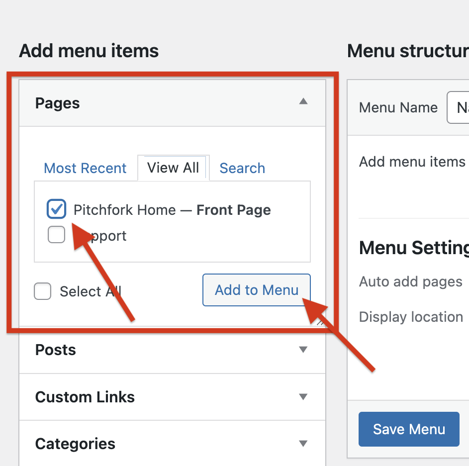 Screenshot of a WordPress admin panel showing menu item Pitchfork Home being selected and an arrow points to Add to Menu button.