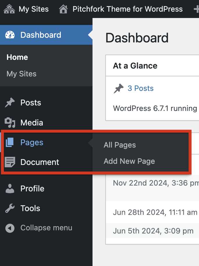 WordPress Dashboard screenshot highlighting the Pages menu with options for All Pages and Add New Page.