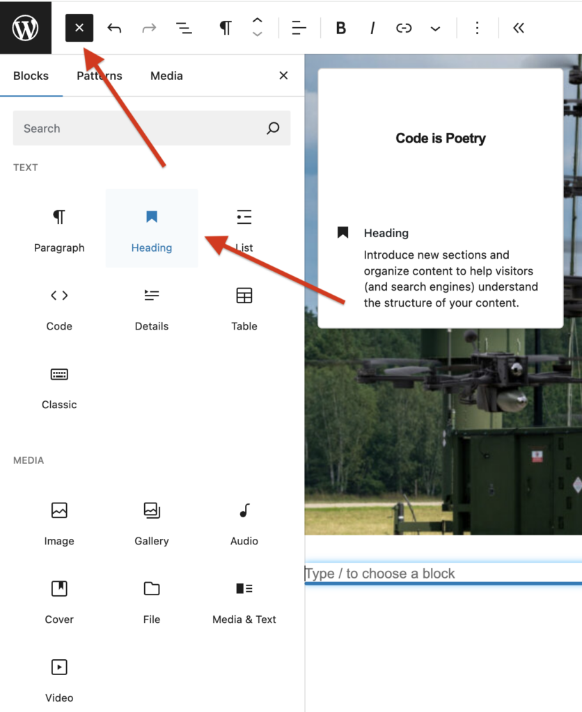 A screenshot of a WordPress page showing the left menu editor interface for adding blocks with an arrow pointing to the Heading.