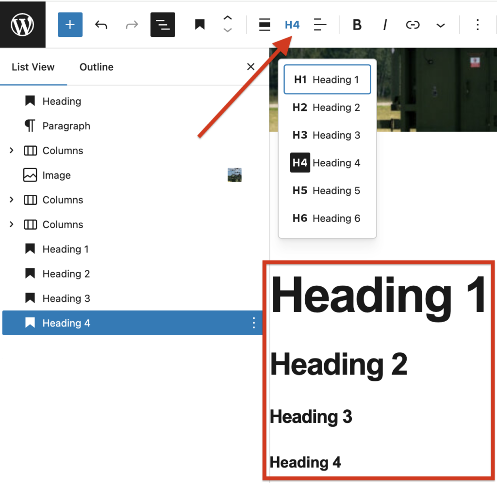 WordPress editor screenshot showing a dropdown menu for heading levels H1 to H6, with H4 selected. A red rectangle below highlights how various Heading levels look.
