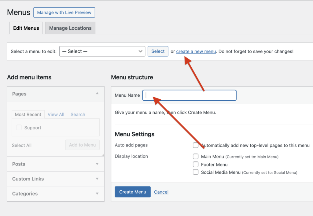 Screenshot of a WordPress menu creation page showing option to create a new menu and field for menu name.