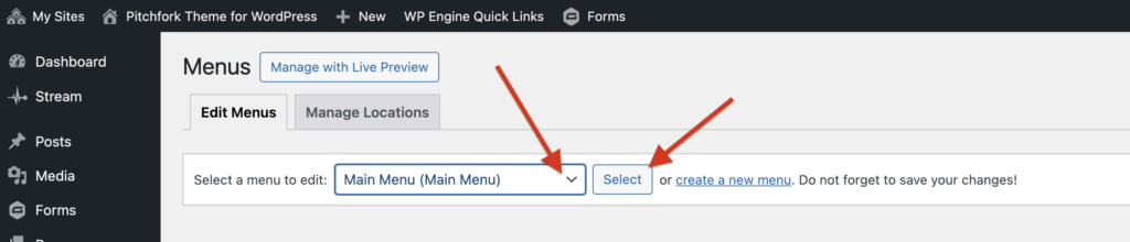 A screenshot of WordPress menu settings showing the list of existing menus and an arrow pointing to the Select button.