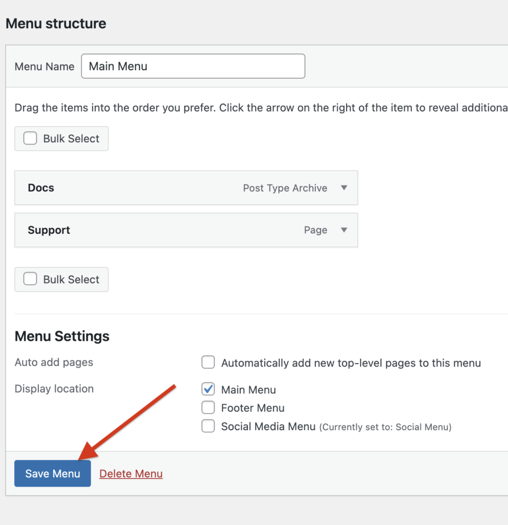 A screenshot of WordPress menu editor with a red arrow pointing to a blue Save Menu button.