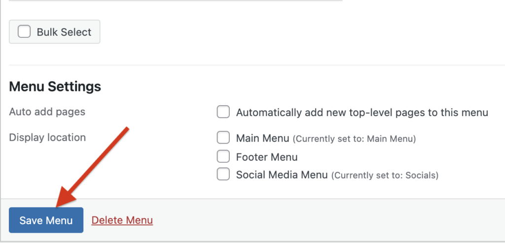 A screenshot of WordPress Menu Settings with a red arrow pointing to a blue Save Menu button.