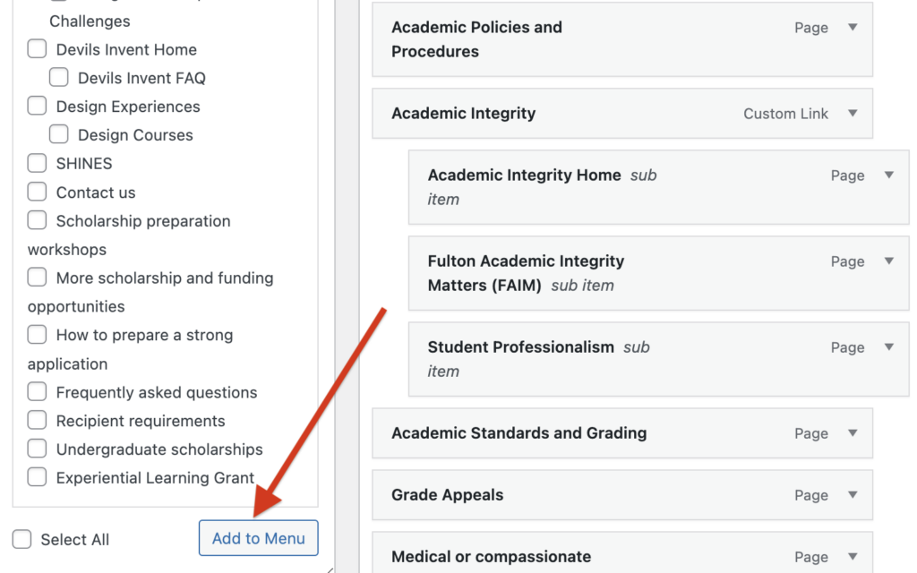 Screenshot of a WordPress menu editor with the left side checkbox options with an arrow pointing to the Add to Menu button.