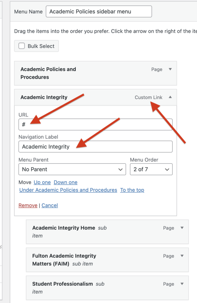 A screenshot of WordPress menu editor for Academic Policies sidebar menu showing Academic Integrity as a custom link with URL "#".