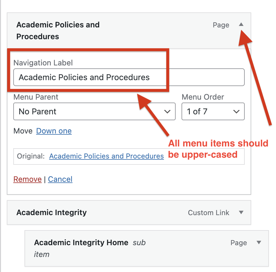 Screenshot of WordPress menu editor showing arrow to customize menu items. It highlights the navigation label with text indicating all menu items should be upper-cased.