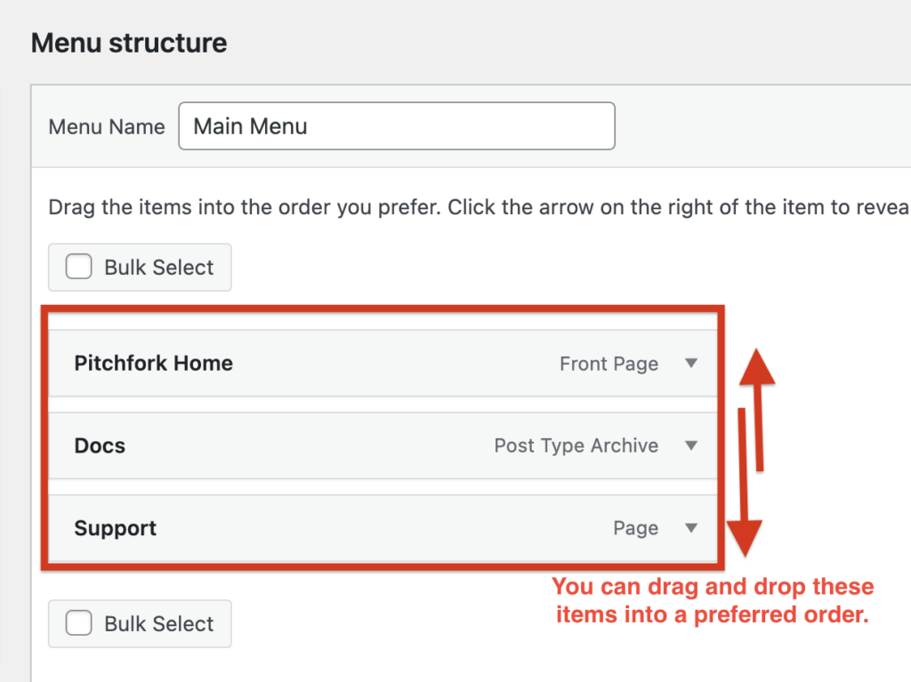 Screenshot of WordPress menu editor showing draggable menu items.