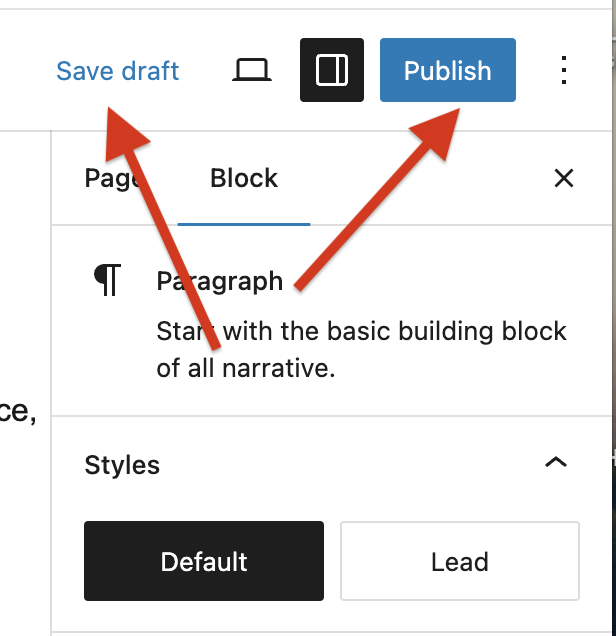Screenshot of WordPress page editor highlighting Save draft and Publish buttons with arrows.