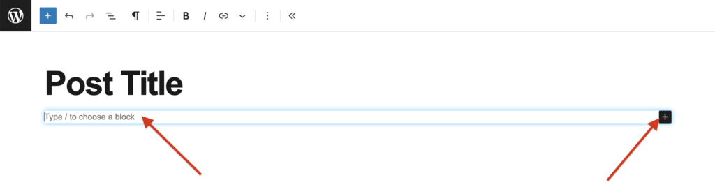 Screenshot of WordPress content editor interface with the title as Post Title and arrows highlighting a prompt to add a new block.
