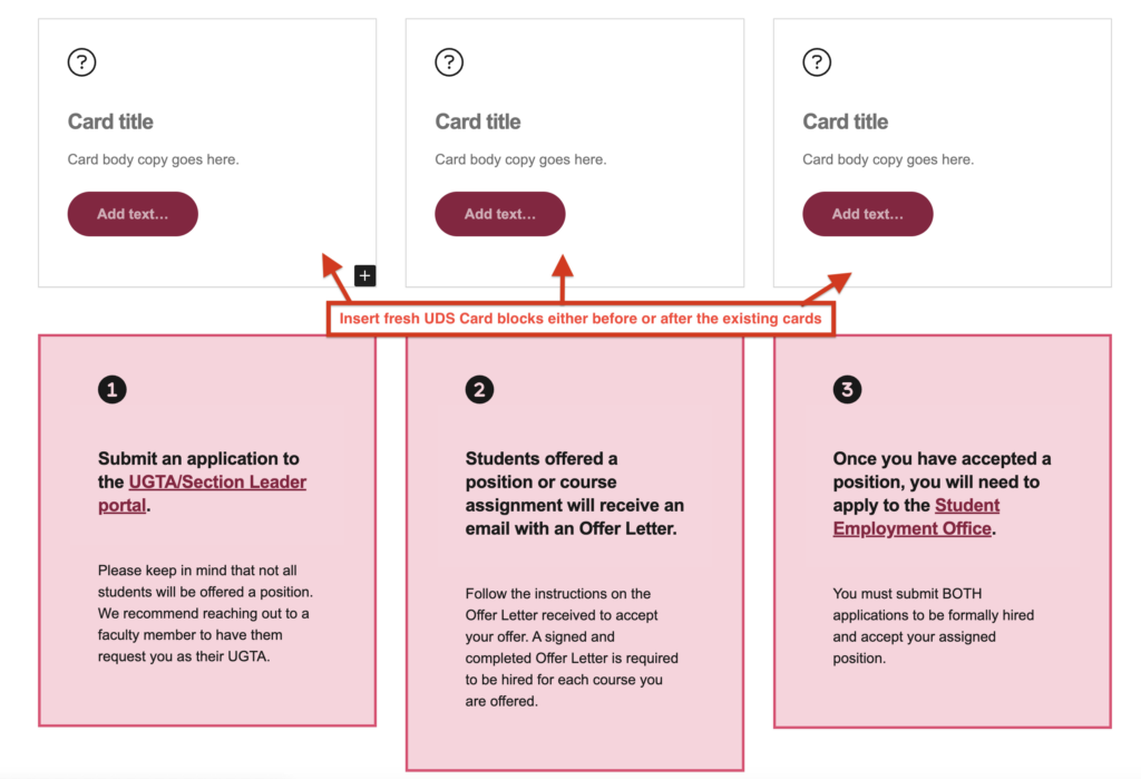A screenshot of old and new UDS cards with text indicating to insert new cards before or after the existing UDS Cards.