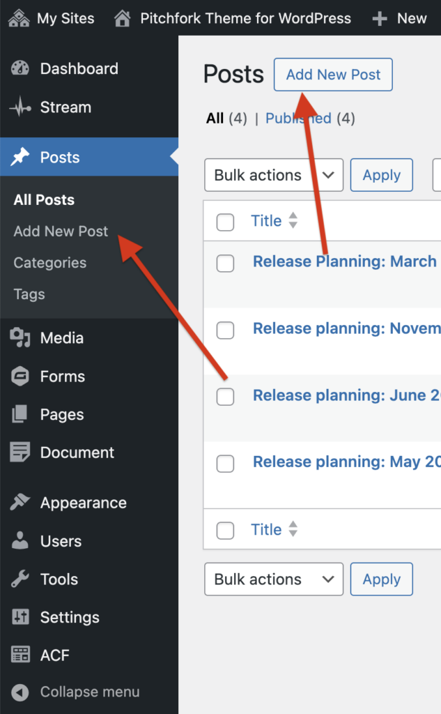 WordPress Dashboard screenshot showing the Posts section with arrows pointing to Add New Post options.