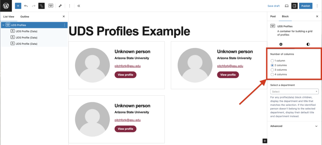A screenshot of UDS Profiles block editor panel options with an arrow pointing to the Number of columns.