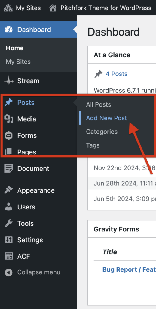 WordPress Dashboard screenshot highlighting the Posts menu with Add New Post option.