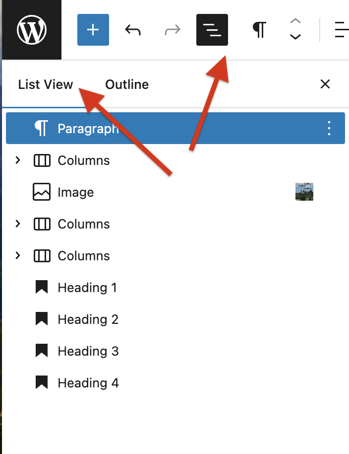 Screenshot of a WordPress post displaying the opened Document Overview tool showing the List View of blocks used in the post.