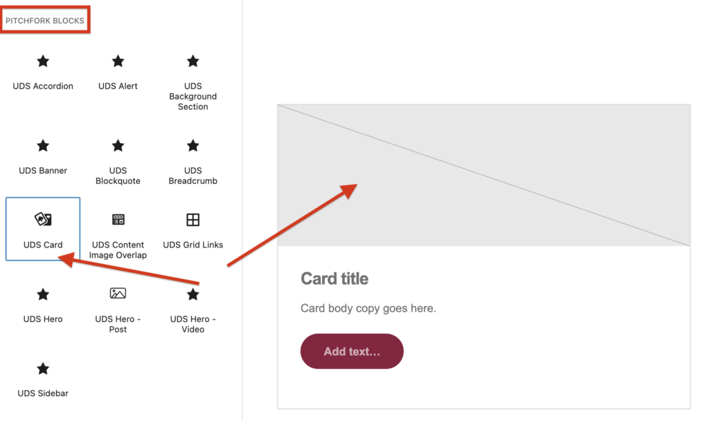 A screenshot of the block editor panel highlighting Pitchfork Blocks, UDS Cards and a Standard UDS Card.