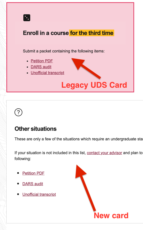 A screenshot of UDS Cards showing the pink one as the legacy card and the white one below as the new card.