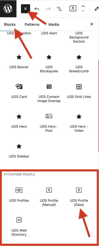 Screenshot of Block editor panel highlighting the Pitchfork People blocks.