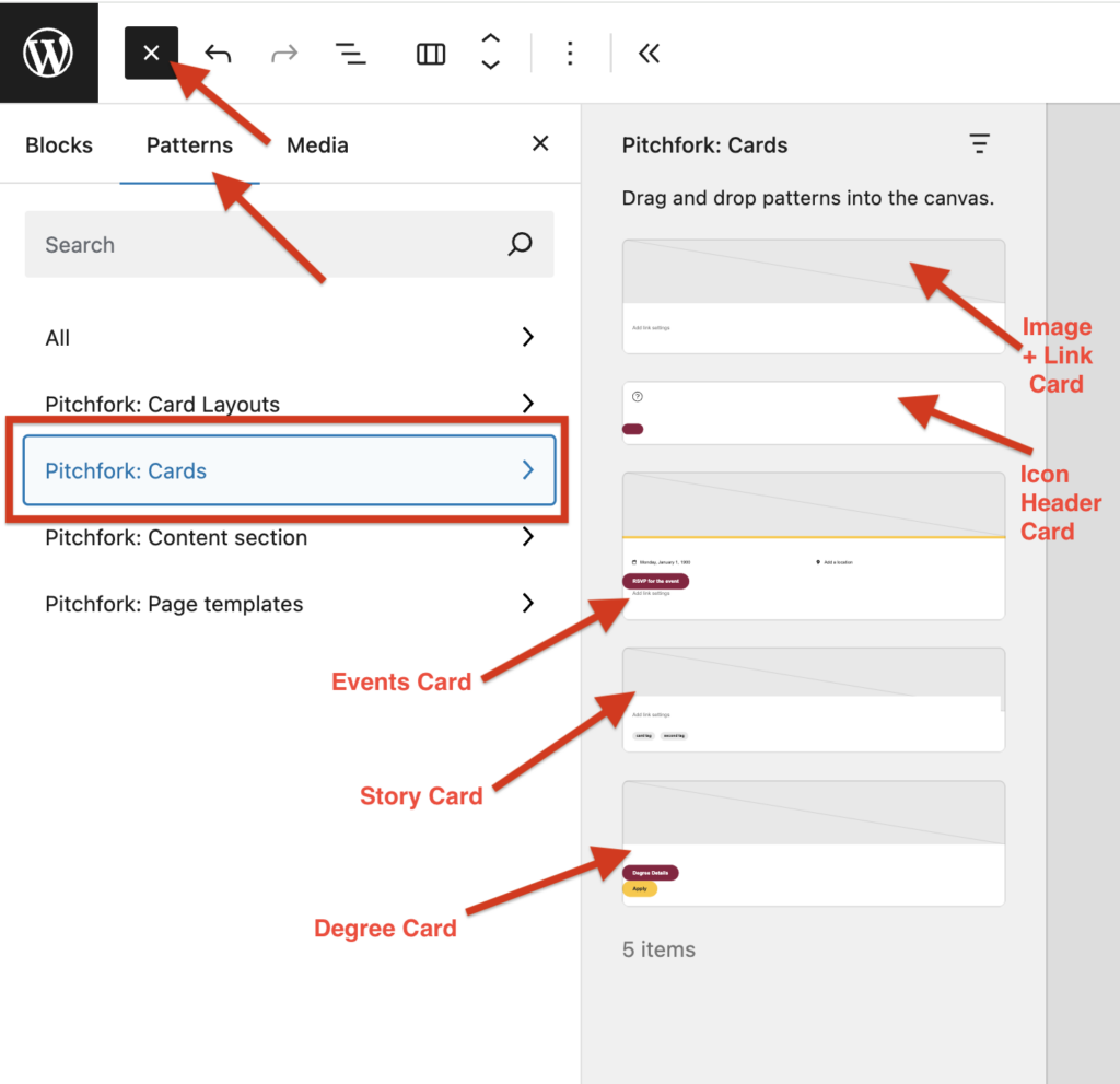 A screenshot of a WordPress block editor panel highlighting Pitchfork Cards in the Patterns tab and showing various cards.