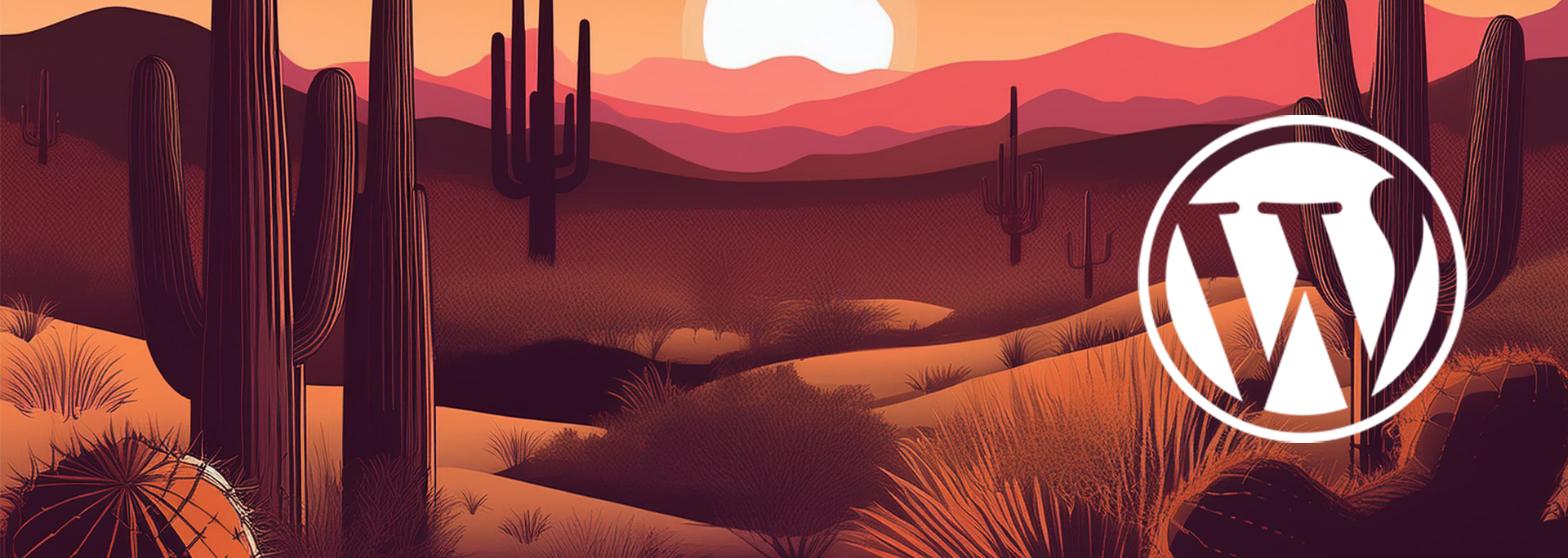 Generated image of a desert at sunset, cactus and an orange, darkish landscape