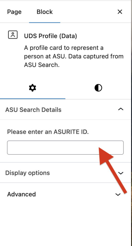 A screenshot of UDS Profile (Data) block editor with an arrow pointing to the field to enter ASURITE ID.