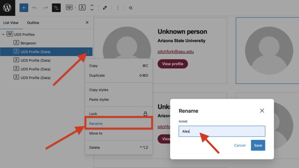 A screenshot of UDS Profiles block editor panel options with an arrows pointing to Rename option and new name.