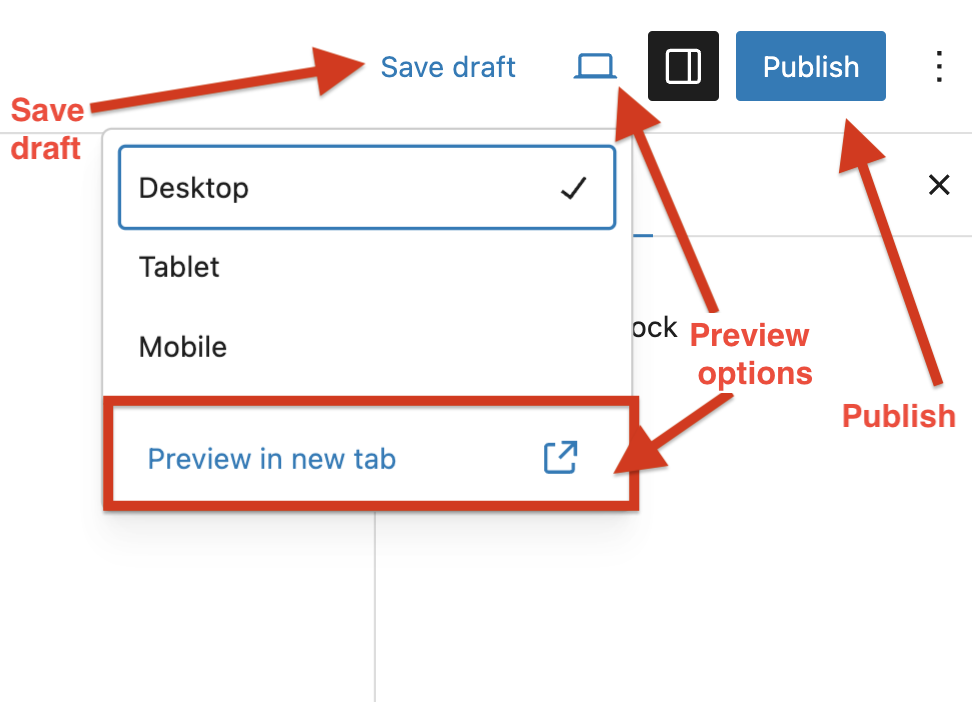 Screenshot of WordPress post editor highlighting Save draft, Preview in new tab and Publish buttons with arrows.