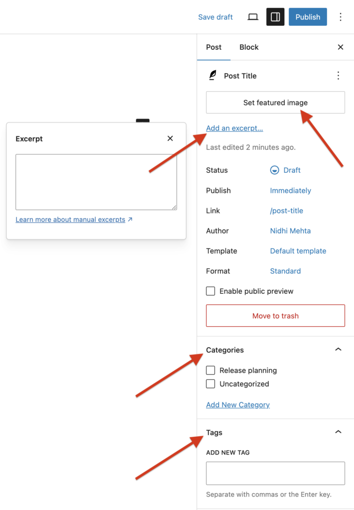 Screenshot of a WordPress post Settings panel highlighting options to add an Excerpt, Set a featured image, select Categories and add Tags.
