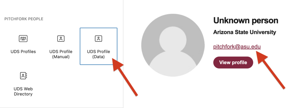 A screenshot of Pitchfork People blocks with an arrow pointing to the UDS Profile (Data) block.