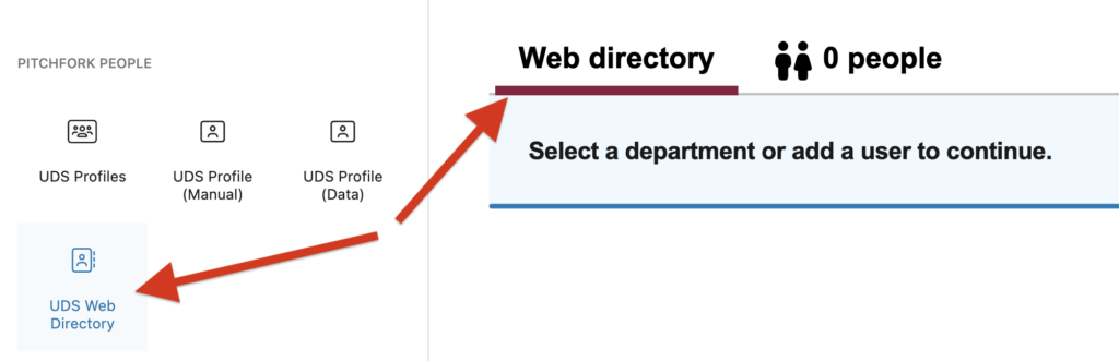 A screenshot of Pitchfork People blocks with an arrow pointing to the UDS Web Directory block.