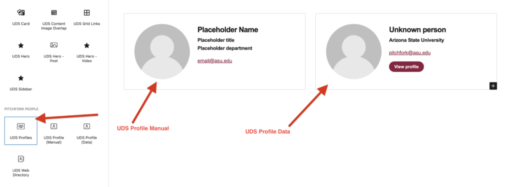 A screenshot of Pitchfork People blocks with an arrow pointing to the UDS Profiles block.