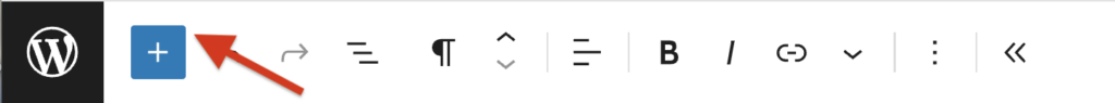 Screenshot of a WordPress block editor panel with an arrow pointing to the + icon.