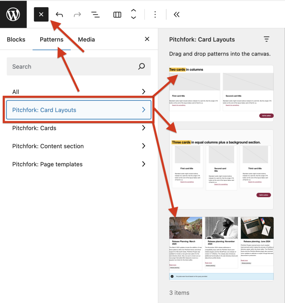 A screenshot of a WordPress block editor panel highlighting Pitchfork Card Layouts in the Patterns tab and showing various card layouts.