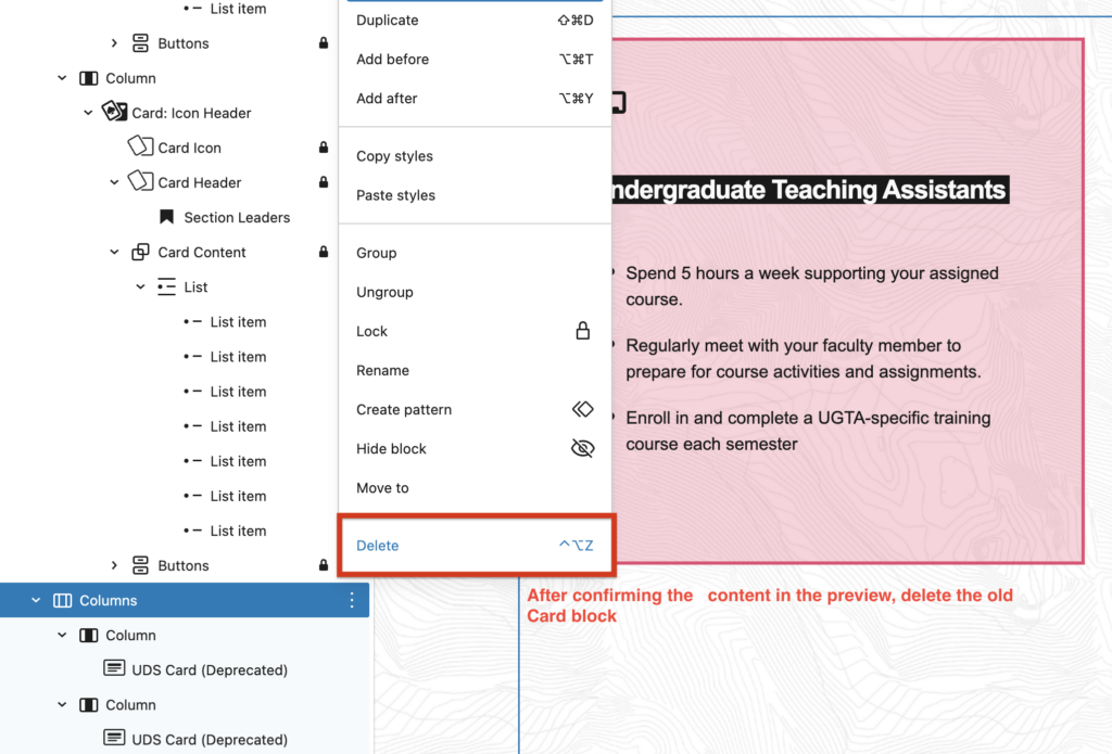A screenshot of the block editor panel and the old UDS card block highlighting the option of Delete.