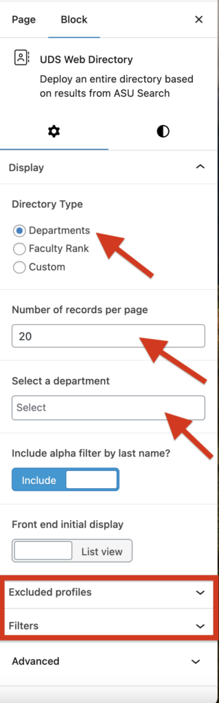 A screenshot of UDS Web Directory block editor with arrows pointing to Directory Type, Number of records per page and Select a department while also highlighting other filter options..