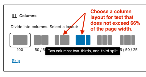 screenshot of the Column Block layout options in WordPress with arrows indicating the 66%-33% and 33%-66% layout options which meet ASU Web Standards for text with (66%) on websites.