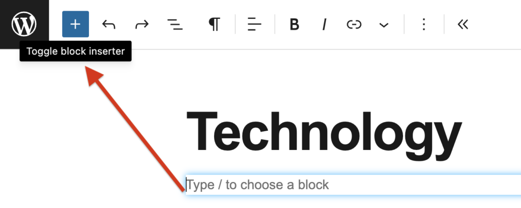 A screenshot of WordPress page with an arrow pointing block inserter toggle.