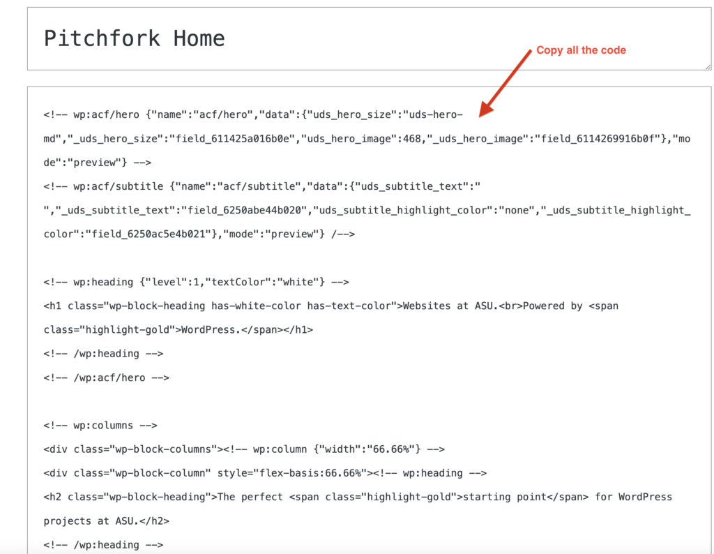 A screenshot of the code editor version of a WordPress page with text indicating to copy all the code.